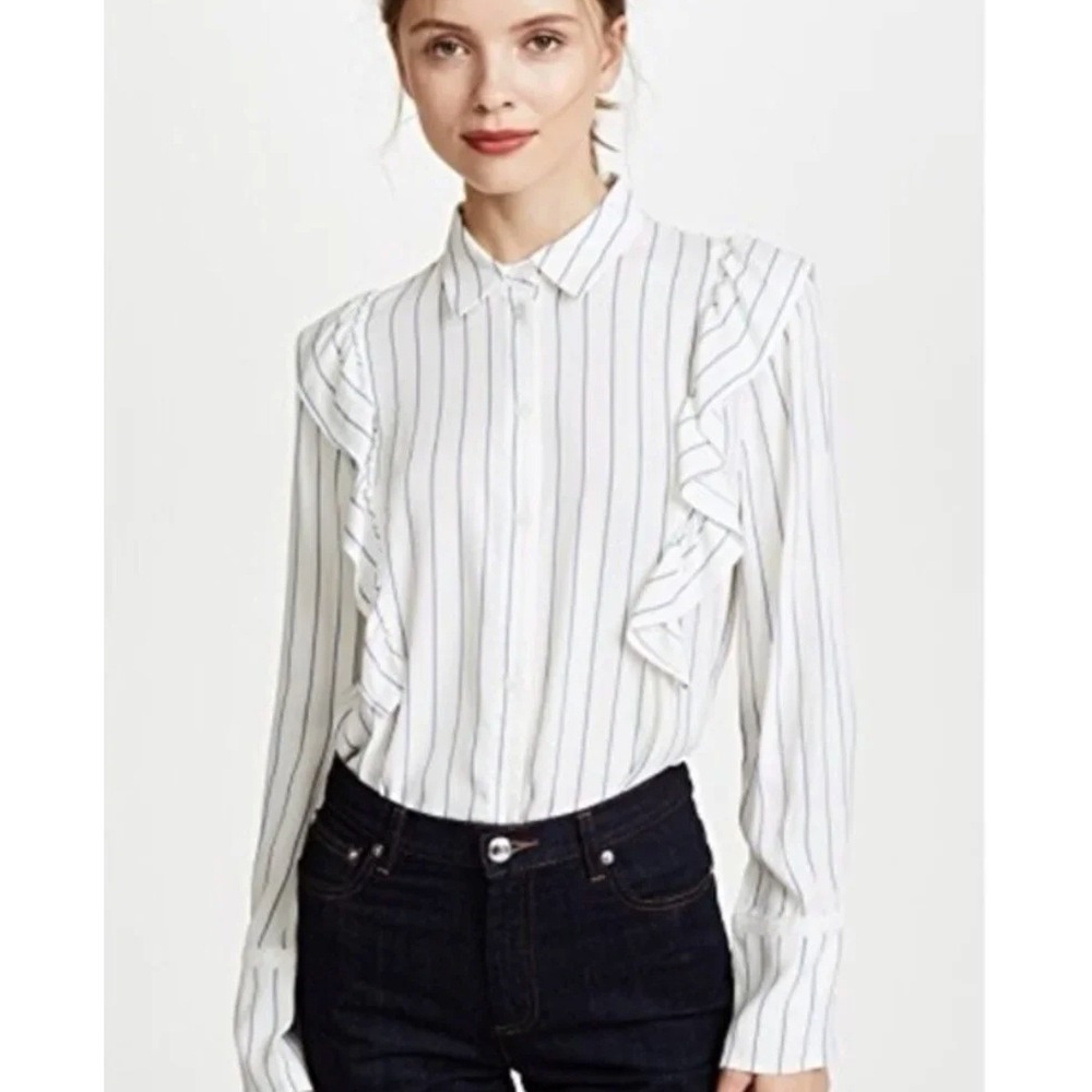 Club Monaco White Blue Striped Ruffle Button Down Blouse Shirt XS Long Sleeve